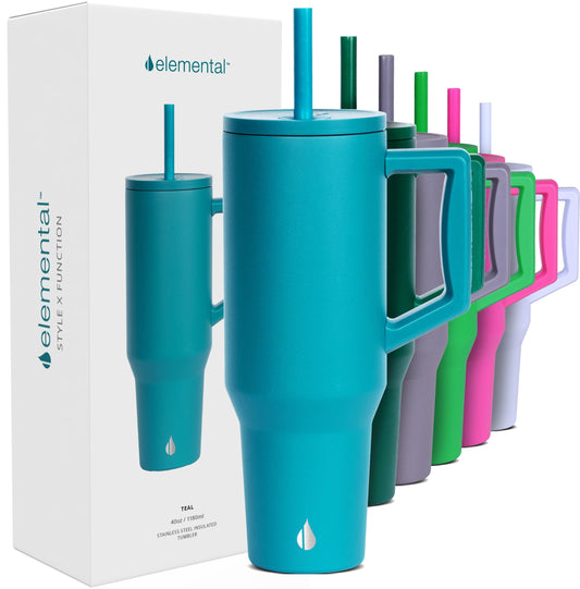 Elemental 40 oz Tumbler with Handle and Straw - Spill Proof Insulated Stainless Steel Commuter for Hot and Cold Beverages - Travel Coffee Mug with 2 Straws & Spill Proof Lid - 40oz - Teal