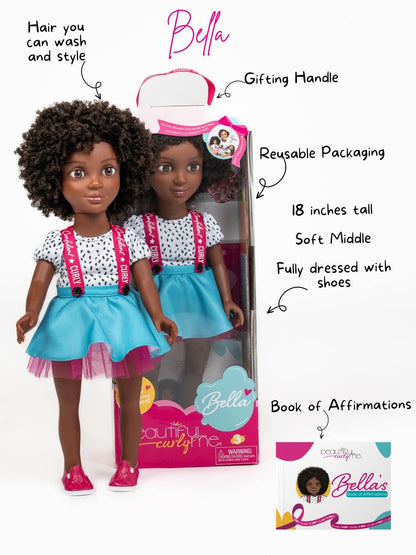 Beautiful Curly Me Bella 18 inch Natural Curly Hair Black Doll, Medium Brown Skin Tone, African American Doll with Curls and Includes Book of Affirmations