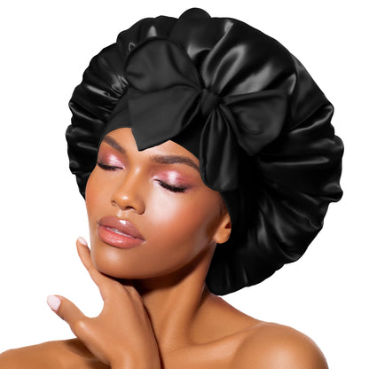 BONNET QUEEN Silk Bonnet for sleeping Women Satin bonnet Hair Bonnet Night Sleep Cap Scarf wrap for Curly Hair with tie Band Black