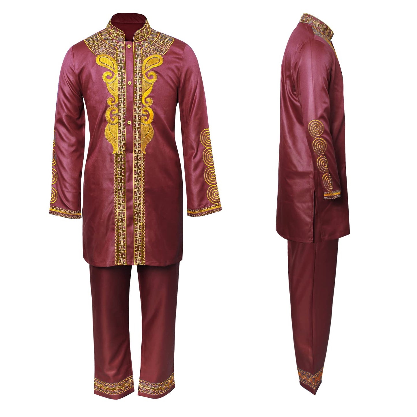 TIDOIRSA African Mens Clothing,Long Sleeve Gold Embroidery Button up Shirt and Pants Men's 2 Piece Dashik Outfit (2XL, Maroon)