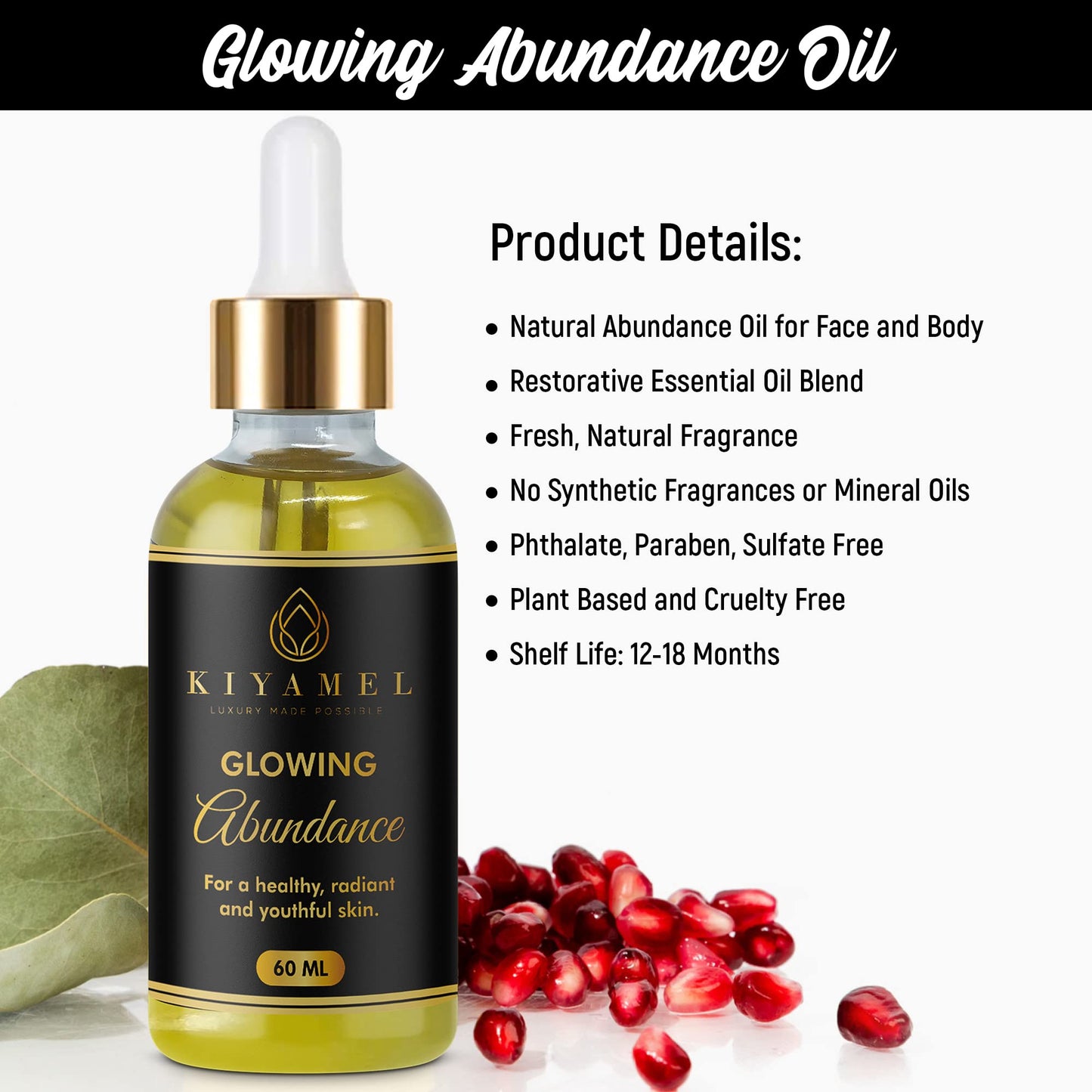 KIYAMEL Glowing Abundance Oil for Eczema Relief, Face and Skin Moisturizing Anti-Wrinkle Treatment for Dryness and Itchiness, Hydrates and Protects, Rich in Vitamin E