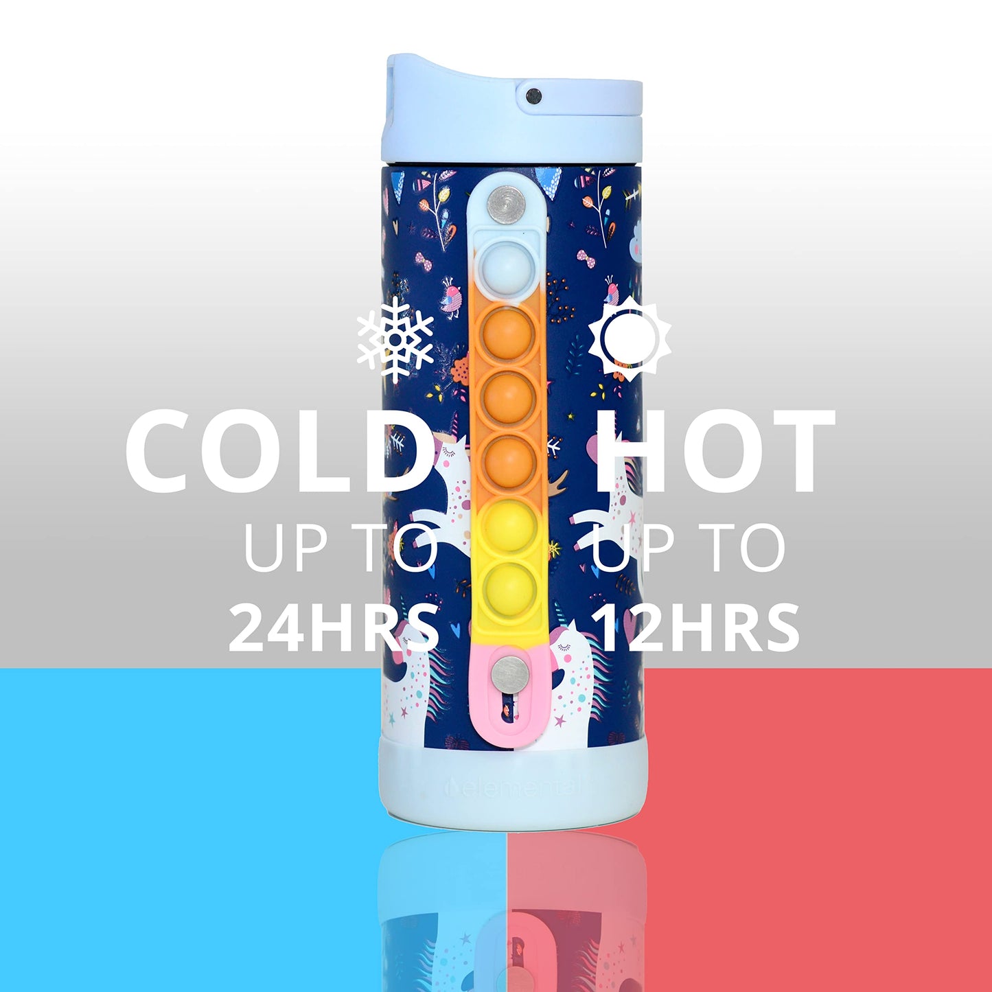 Elemental Iconic Kids Insulated Water Bottle with Straw Lid & Stress Reliever Pop-It Handle, Leak-Proof When Closed Water Bottle Kids - Stainless Steel Water Bottle For Kids, 14oz - Unicorn