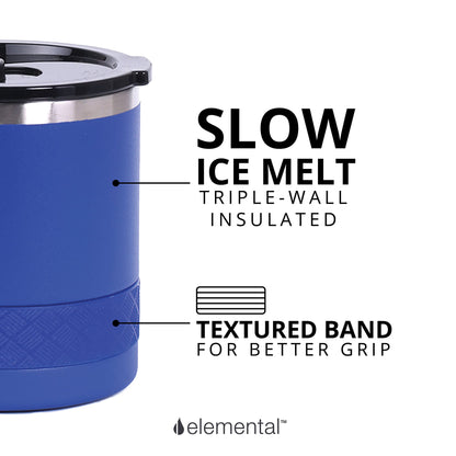 Elemental Recess Lowball Tumbler, 10oz Triple Wall Stainless Steel Cup with Non-Shattered Tritan Lid, Insulated Whiskey Glass, Insulated Coffee Tumbler Mug for Hot & Cold Drinks - Royal Blue