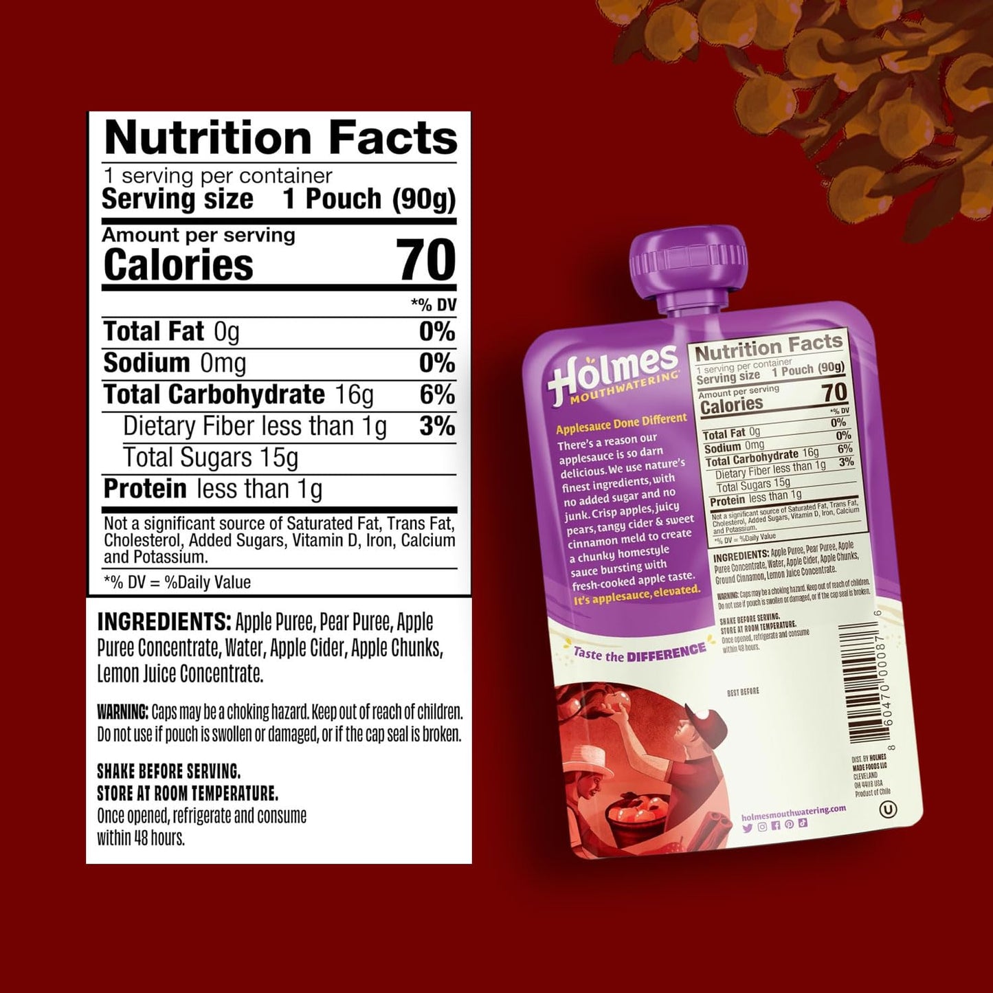 Applesauce Squeeze Pouch, Organic Cinnamon Applesauce Pouches with Real Chunks of Fruit, No Artificial Flavors Fruit Snack (Apple Pie Cinnamon, 12 Pack of 3.2 oz)