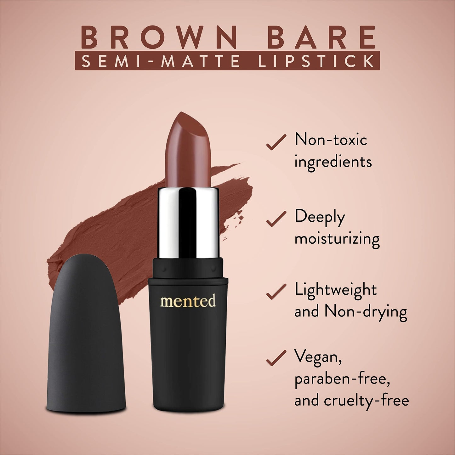 Mented Cosmetics | Semi Matte Nude Lipstick, Brown Bare | Vegan, Paraben-free, Cruelty-free | Nude Pink Brown, Long Lasting Lipstick