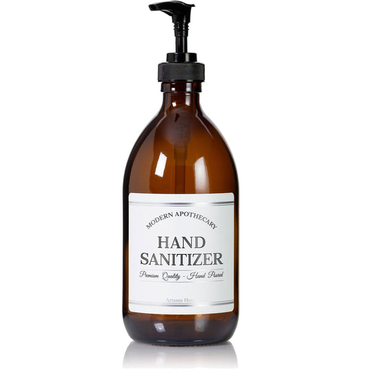 Artanis Home Refillable Amber Glass Hand Sanitizer Dispenser 16 oz – Chrome Accent Waterproof Labeled Apothecary Bottle with Black Plastic Pump