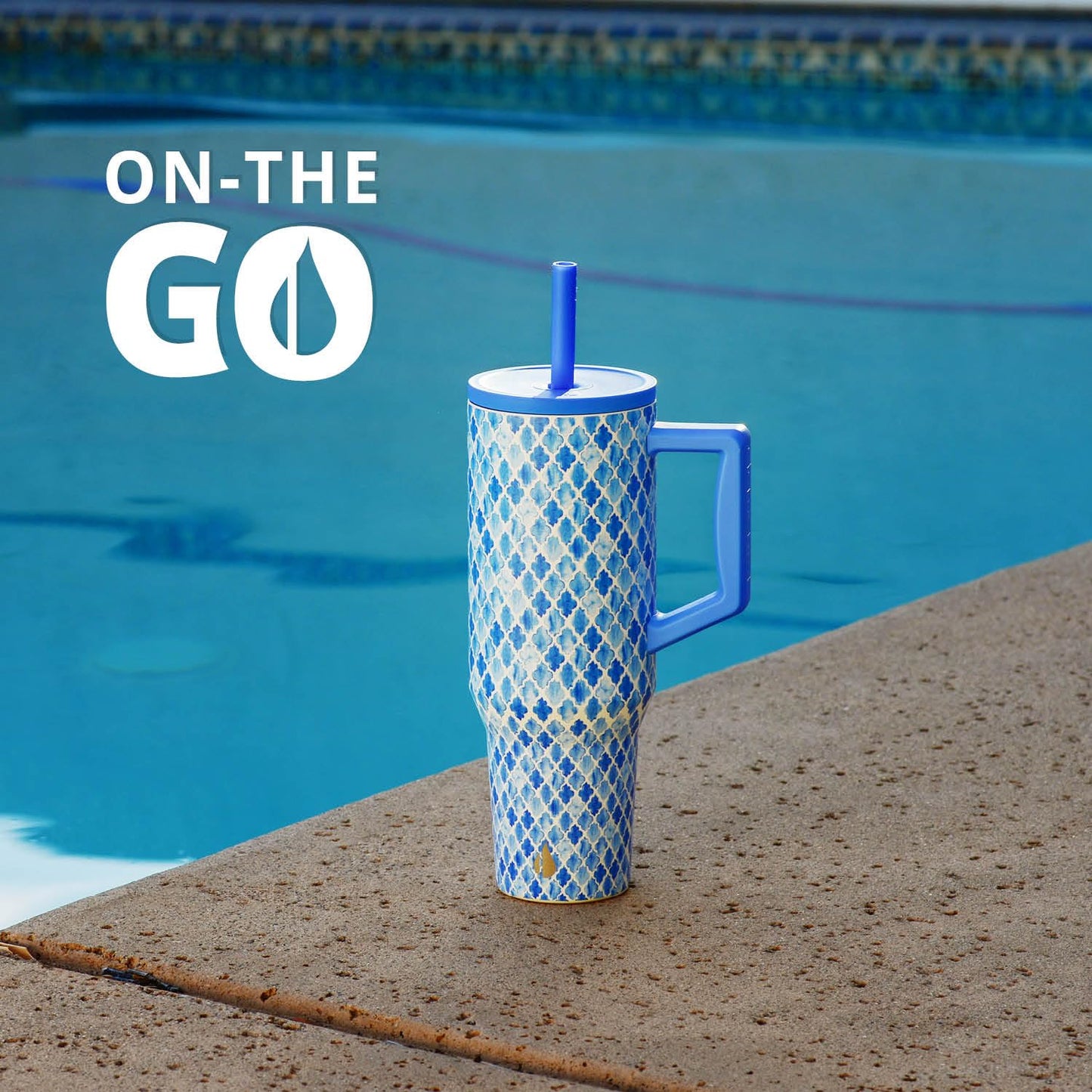 Elemental 40 oz Tumbler with Handle and Straw - Spill Proof Insulated Stainless Steel Commuter for Hot and Cold Beverages - Travel Coffee Mug with 2 Straws & Spill Proof Lid - 40oz - Blue Tile