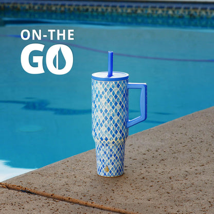 Elemental 40 oz Tumbler with Handle and Straw - Spill Proof Insulated Stainless Steel Commuter for Hot and Cold Beverages - Travel Coffee Mug with 2 Straws & Spill Proof Lid - 40oz - Blue Tile