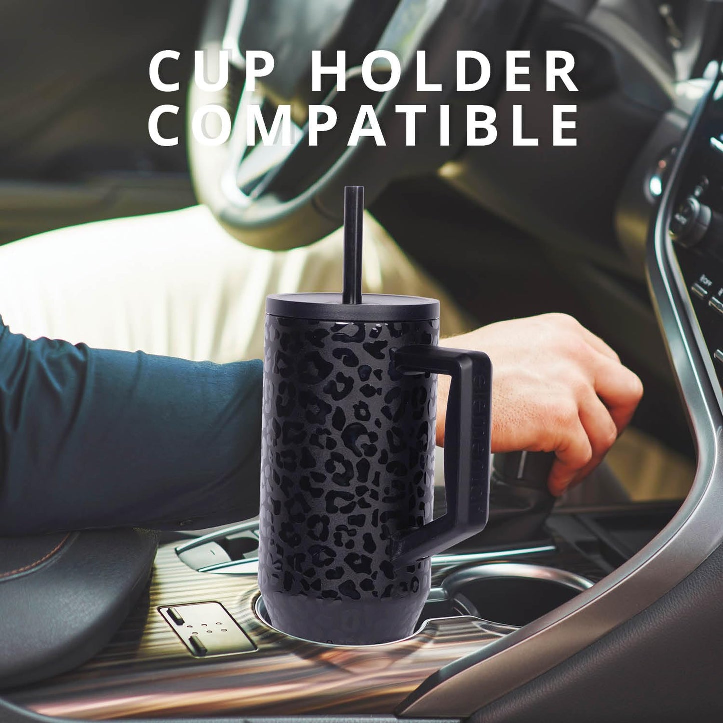 Elemental 40 oz Tumbler with Handle and Straw - Spill Proof Insulated Stainless Steel Commuter for Hot and Cold Beverages - Travel Coffee Mug with 2 Straws & Spill Proof Lid - 40oz - Black Leopard