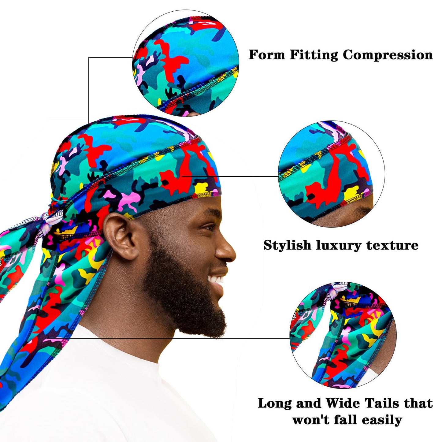 Silky Durag for Men Women Camouflage Do Rag with Long Tail Silky Hip Hop Turban Breathable Wave Cap Full Body Girl Headwrap Joorag