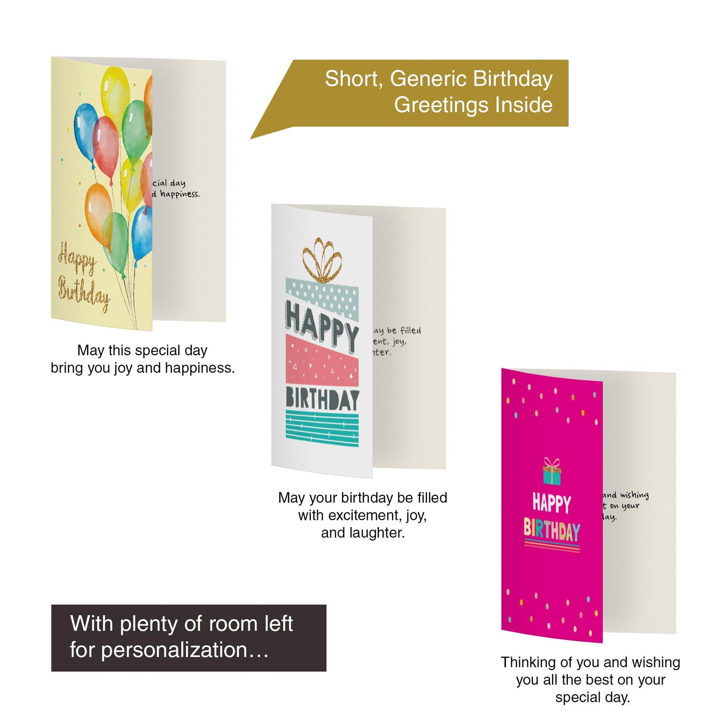 Dessie 30 Unique Happy Birthday Cards 5x7 - Gold Foil Birthday Cards Bulk With Message Inside. 32 White and Colored Envelopes, Perpetual Birthday Calendar and Gold Sealing Stickers Included In Box