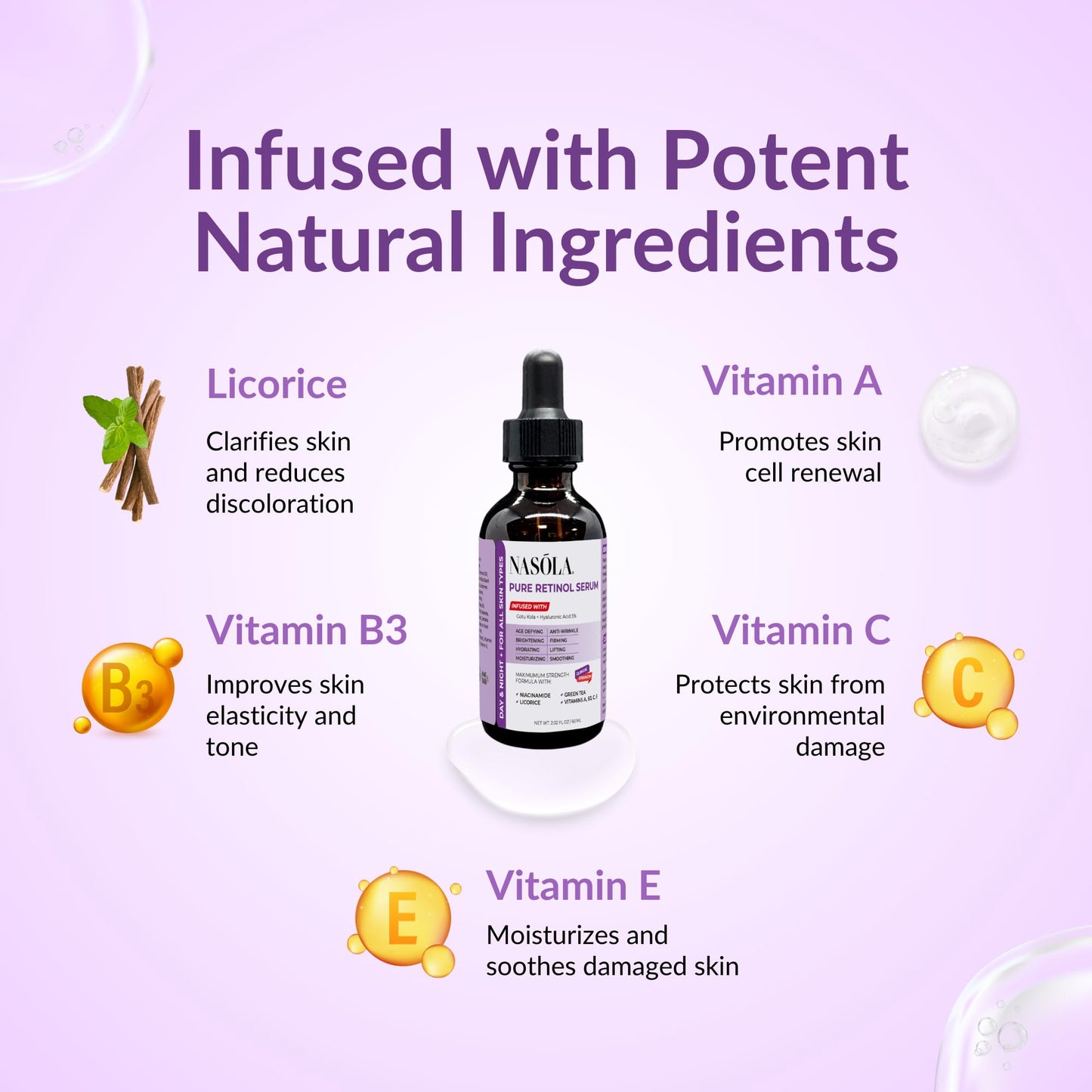 Nasola Pure Firming Retinol Serum with Hydrating Hyaluronic Acid & Gotu Kola for Wrinkles and Dark Spots, Renew and Reset Nighttime Facial Serum for a smoother, more radiant complexion, 2.02 Fl Oz