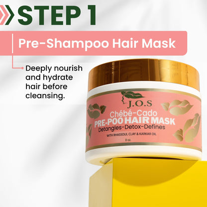 J'Organic Solutions 5-in-1 Chebe-Cado Hair Care Kit - Pre shampoo Clay Hair Mask Moisturizing Shampoo, Deep Hydration Conditioner, Hair and Miracle blend oil, Detoxifying and Curl Defining Jelly