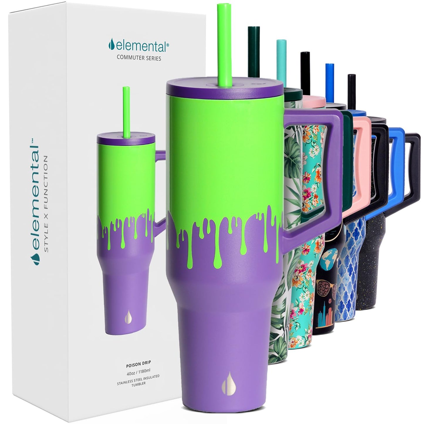 Elemental 40 oz Tumbler with Handle and Straw - Spill Proof Insulated Stainless Steel Commuter for Hot and Cold Beverages - Travel Coffee Mug with 2 Straws & Spill Proof Lid - 40oz - Poison Drip