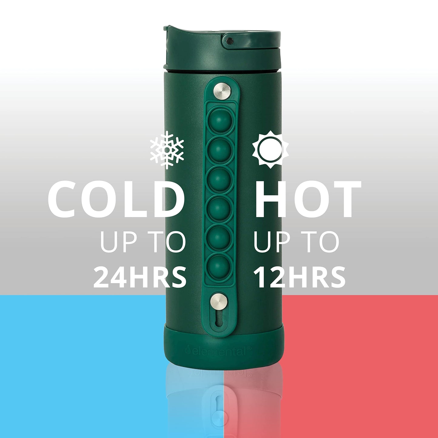 Elemental Iconic Kids Water Bottle with Straw Lid & Stress Relief Pop It Handle, Leak-Proof When Closed, Triple Insulated Kids Stainless Steel Water Bottle For Girls and Boys, 14oz - Forest Green