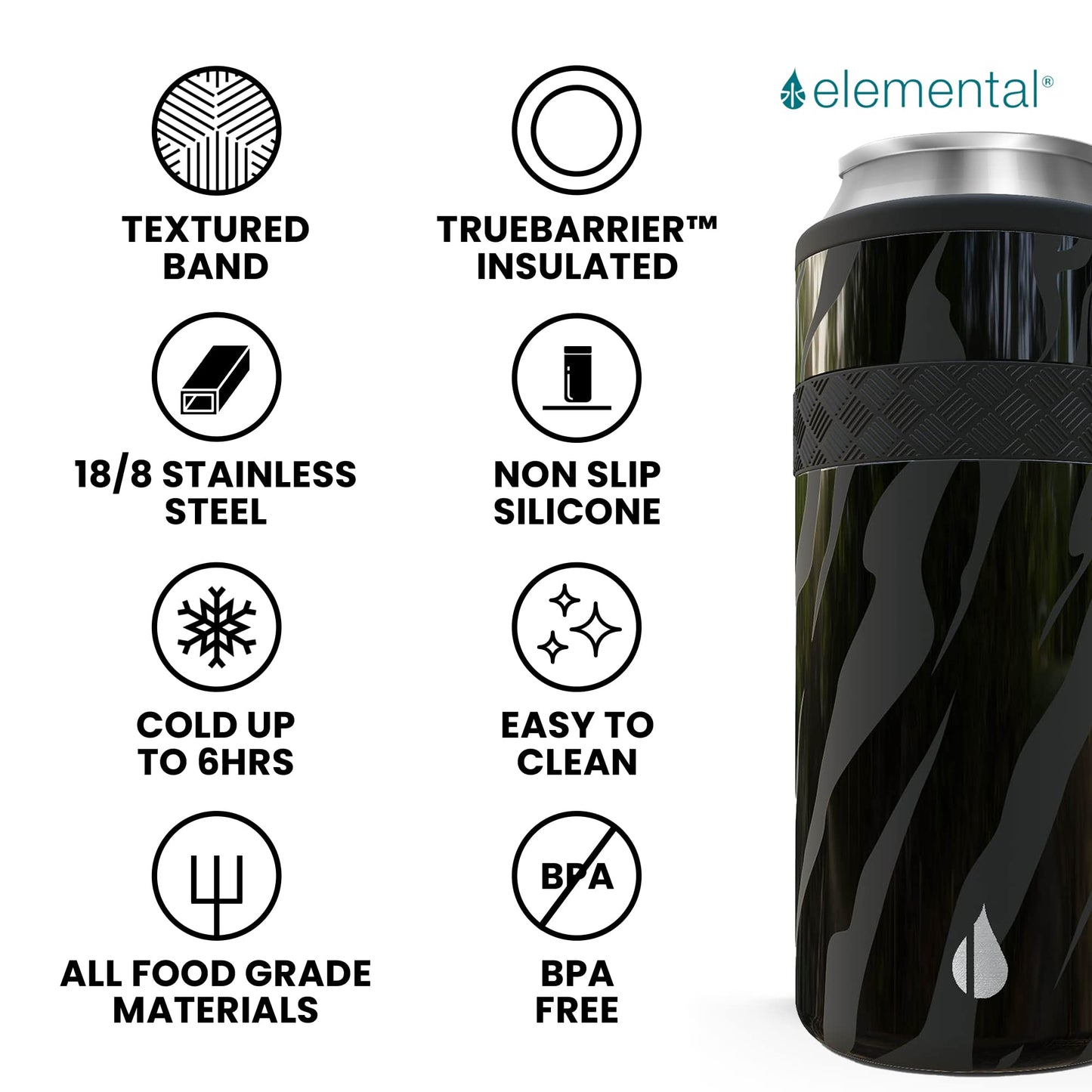 Elemental Insulated Slim Can Cooler, Triple Wall Stainless Steel Skinny Can Cooler - Drink Cooler Insulator for 12oz Skinny Seltzers, Beer, Soda Cans - Obsidian Stripe