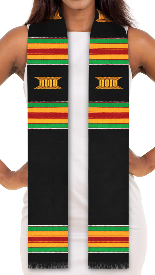 Ready to Customize Black Authentic Handwoven Kente Cloth Graduation Stole (DIY Black)