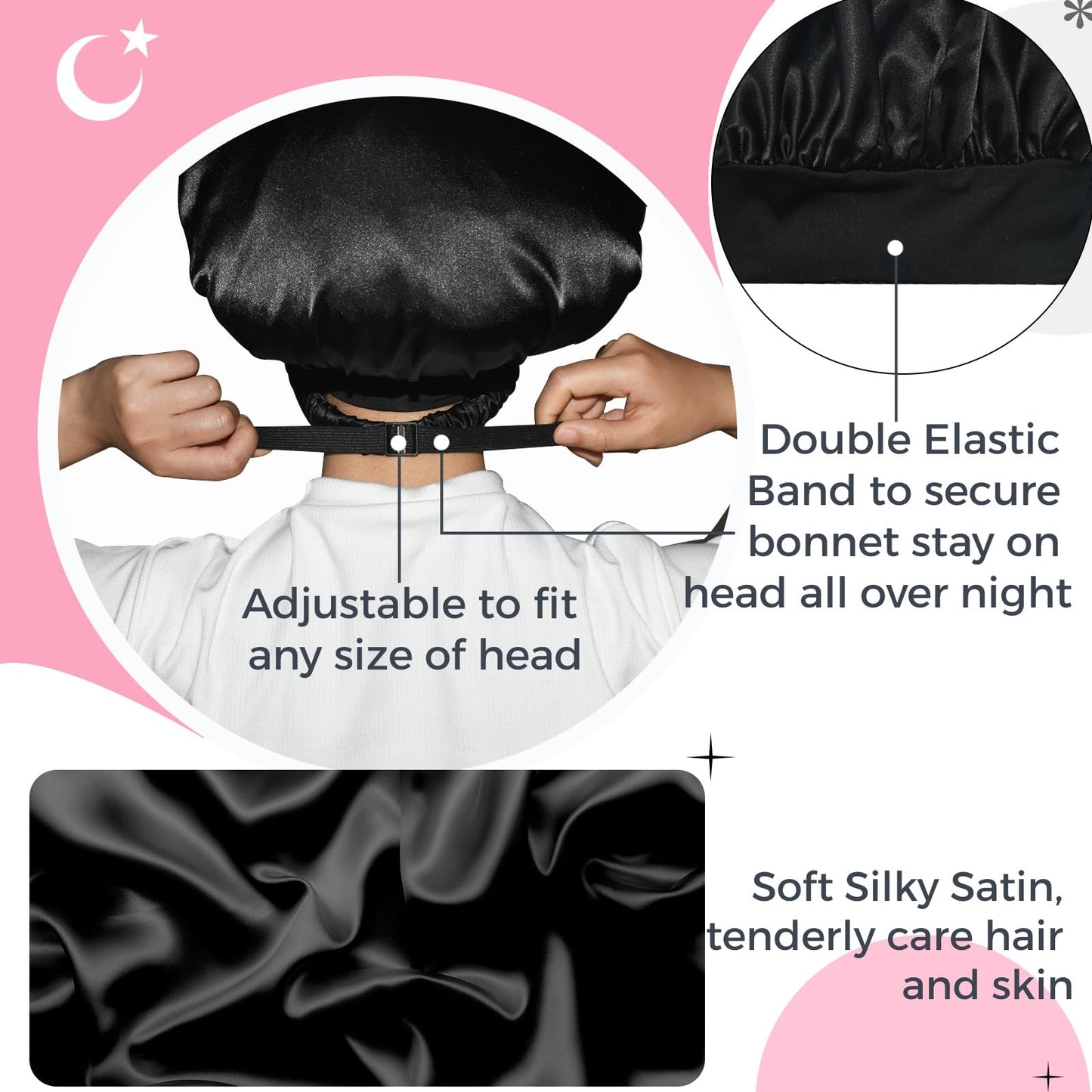 BONNET QUEEN Silk Bonnet for Sleeping Women Satin Bonnet with Eye Mask Non Slip Hair Bonnet for Curly Hair Night Sleep Cap Black