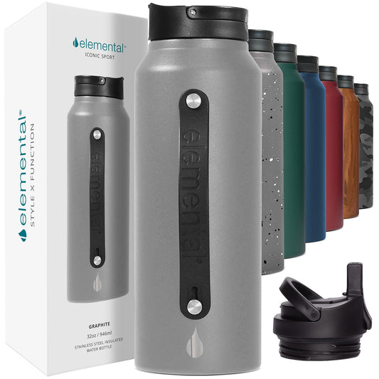 Elemental Iconic Stainless Steel Water Bottle with Straw - 32 oz Leak Proof Triple Wall Insulated Water Bottles for Travel and Sports - Reusable Gym Water Bottle with 2 Straws - Graphite