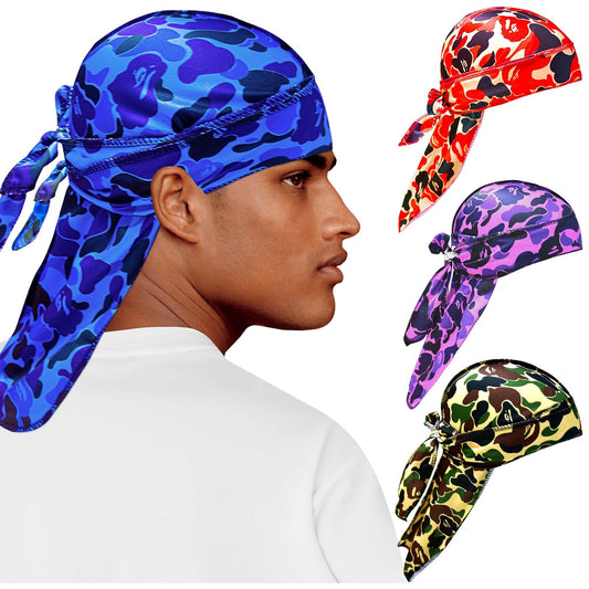 4Pcs Silk Durag for Men Designer Camouflage Durag Camo Silky Wave Cap for Braids Hair Wrap for Sleeping Women Headwrap Purple Camouflage