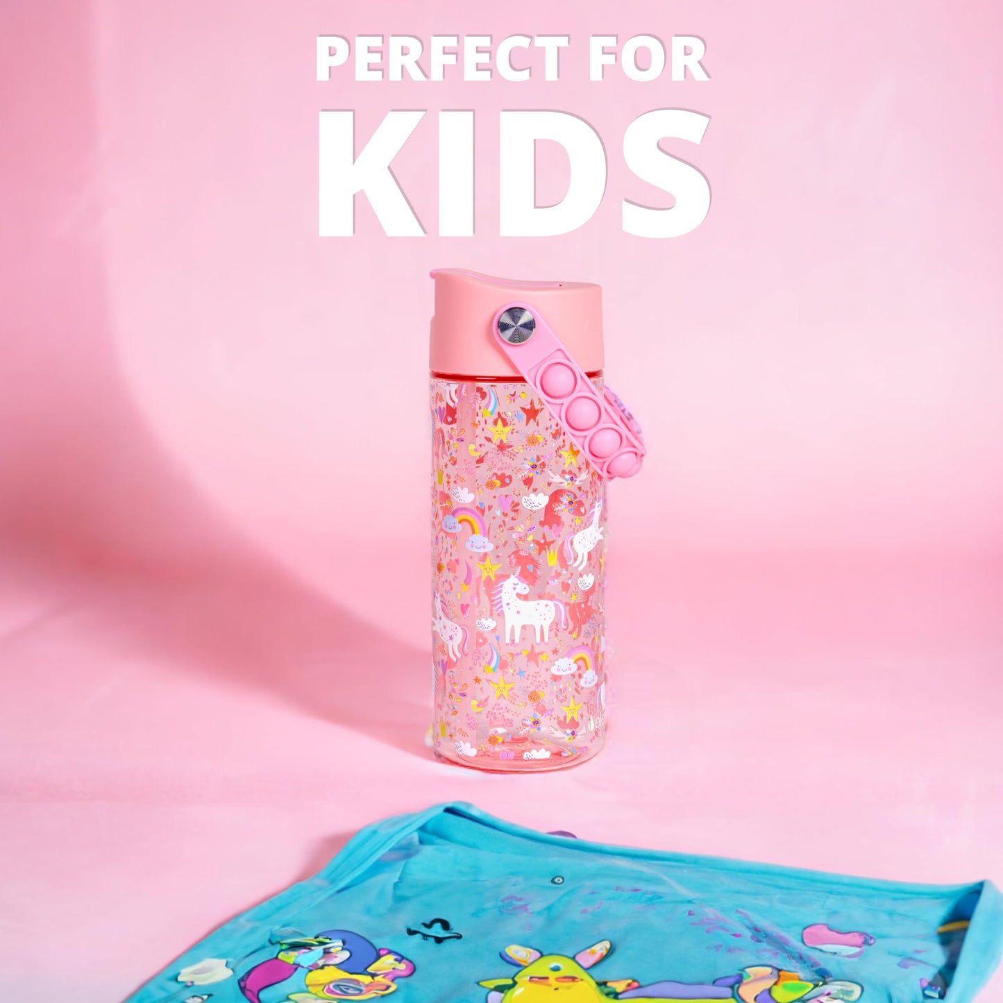 Elemental Leak Proof Water Bottles for Kids - Splash Kids Water Bottle for School with Pop-it Handle - BPA Free Tritan Plastic Reusable Water Bottle with Straw - Pink Unicorn - 18oz