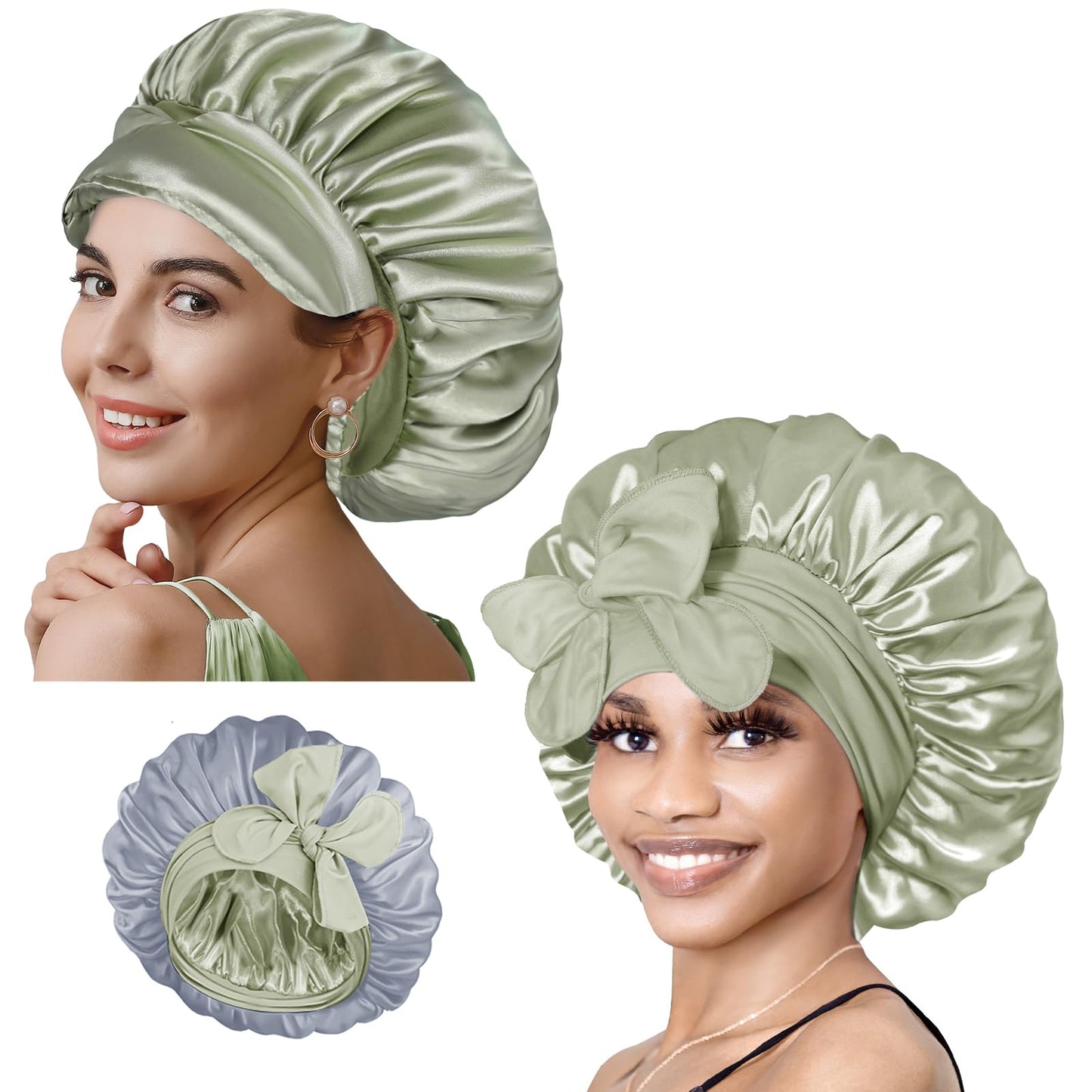 BONNET QUEEN Silk Bonnet for Sleeping Women Satin Bonnet with Eye Mask Non Slip Hair Bonnet for Curly Hair Night Sleep Cap Green+Green