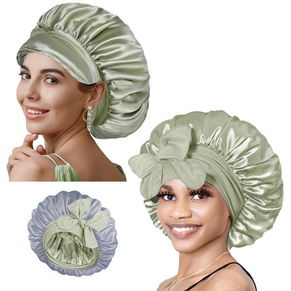 BONNET QUEEN Silk Bonnet for Sleeping Women Satin Bonnet with Eye Mask Non Slip Hair Bonnet for Curly Hair Night Sleep Cap Green+Green