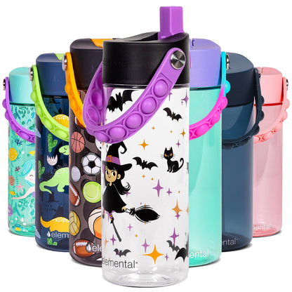 Elemental Leak Proof Water Bottles for Kids - Splash Kids Water Bottle for School with Pop-it Handle - BPA Free Tritan Plastic Reusable Water Bottle with Straw - Little Witch - 18oz