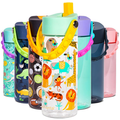 Elemental Leak Proof Water Bottles for Kids - Splash Kids Water Bottle for School with Pop-it Handle - BPA Free Tritan Plastic Reusable Water Bottle with Straw - Clear Jungle - 18oz