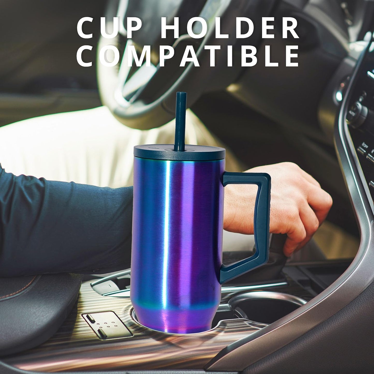 Elemental 40 oz Tumbler with Handle and Straw - Spill Proof Insulated Stainless Steel Commuter for Hot and Cold Beverages - Travel Coffee Mug with 2 Straws & Spill Proof Lid - 40oz - Iridescent