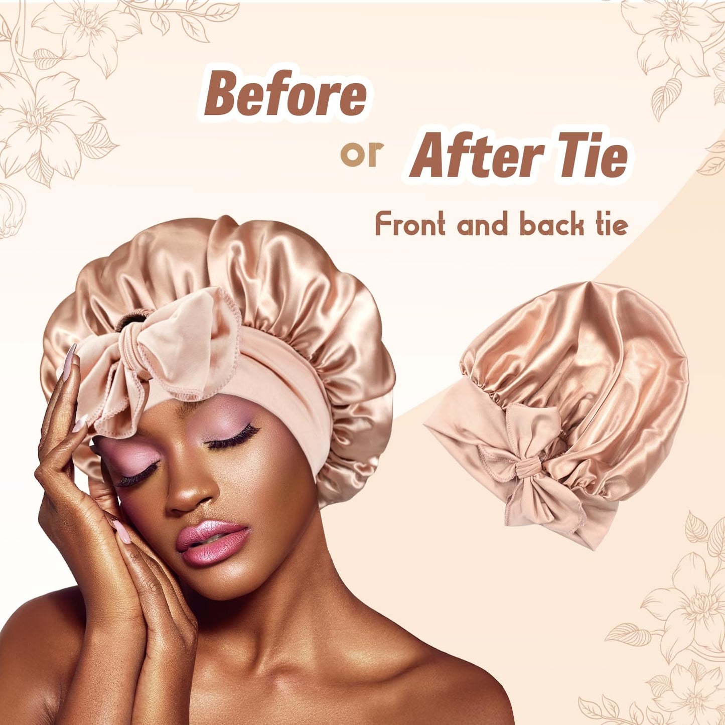 BONNET QUEEN Silk Bonnet for Sleeping Small Satin Bonnet Hair Bonnet Small Sleep Cap with Adjustable Tie Band Champagne