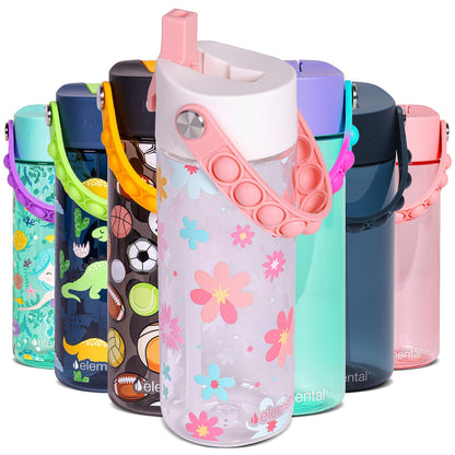 Elemental Leak Proof Water Bottles for Kids - Splash Kids Water Bottle for School with Pop-it Handle - BPA Free Tritan Plastic Reusable Water Bottle with Straw - Spring Blossom - 18oz