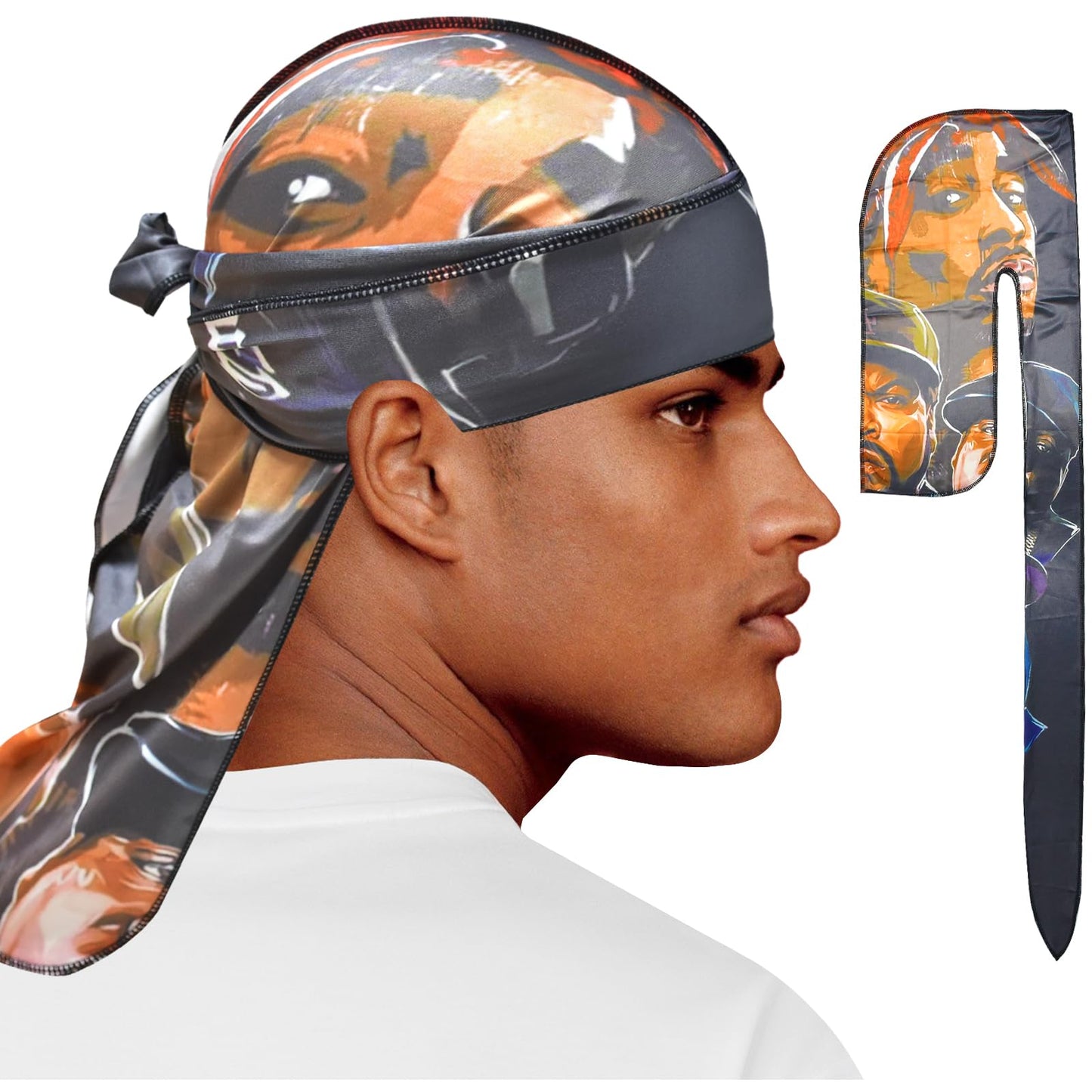 YARWAYER Silk Durags for Men Women, Printed Do Rag with Long Tail Durag Hip Hop Turban Bandana Hat Satin 360 Waves Durag Do Doo Du Rag Headwrap