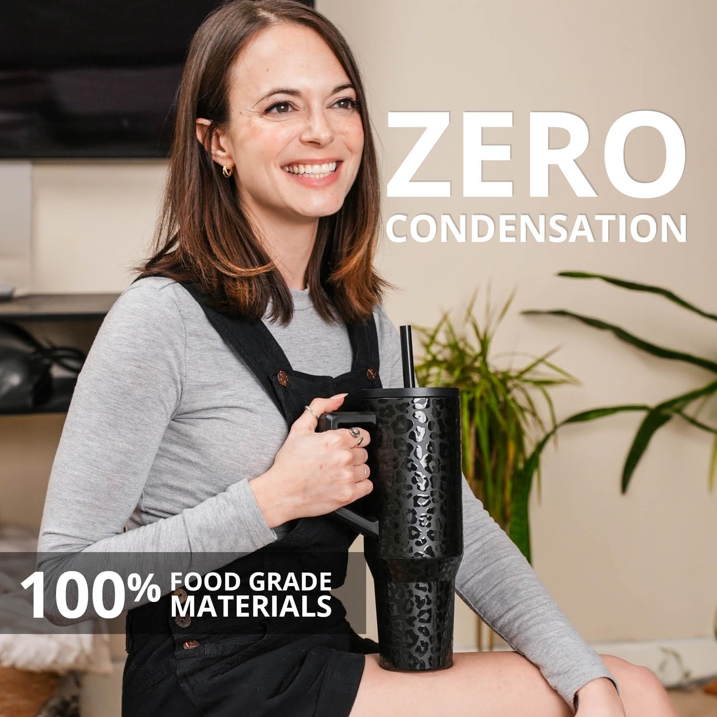 Elemental 40 oz Tumbler with Handle and Straw - Spill Proof Insulated Stainless Steel Commuter for Hot and Cold Beverages - Travel Coffee Mug with 2 Straws & Spill Proof Lid - 40oz - Black Leopard