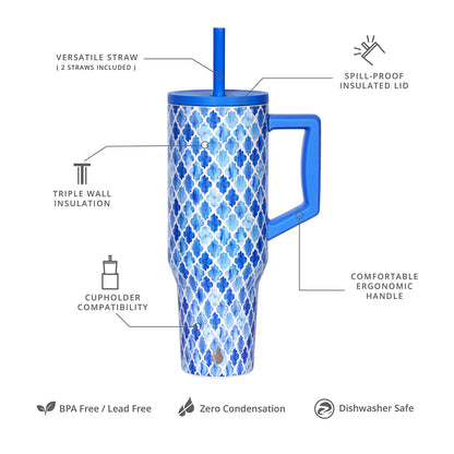 Elemental 40 oz Tumbler with Handle and Straw - Spill Proof Insulated Stainless Steel Commuter for Hot and Cold Beverages - Travel Coffee Mug with 2 Straws & Spill Proof Lid - 40oz - Blue Tile