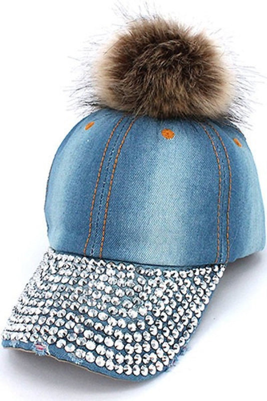2Chique Boutique Women's Light Blue Denim and Rhinestone Pom Pom Hat