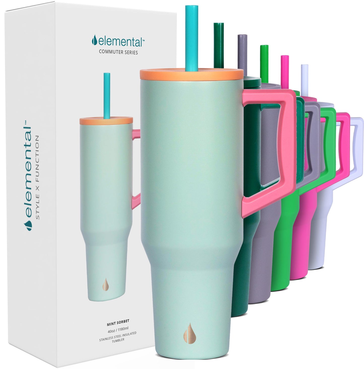 Elemental 40 oz Tumbler with Handle and Straw - Spill Proof Insulated Stainless Steel Commuter for Hot and Cold Beverages - Travel Coffee Mug with 2 Straws & Spill Proof Lid - 40oz - Mint Sorbet