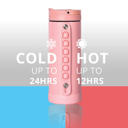 Elemental Iconic Kids Water Bottle with Straw Lid & Stress Relief Pop It Handle, Leak-Proof When Closed, Triple Insulated Kids Stainless Steel Water Bottle For Girls and Boys, 14oz - Rose