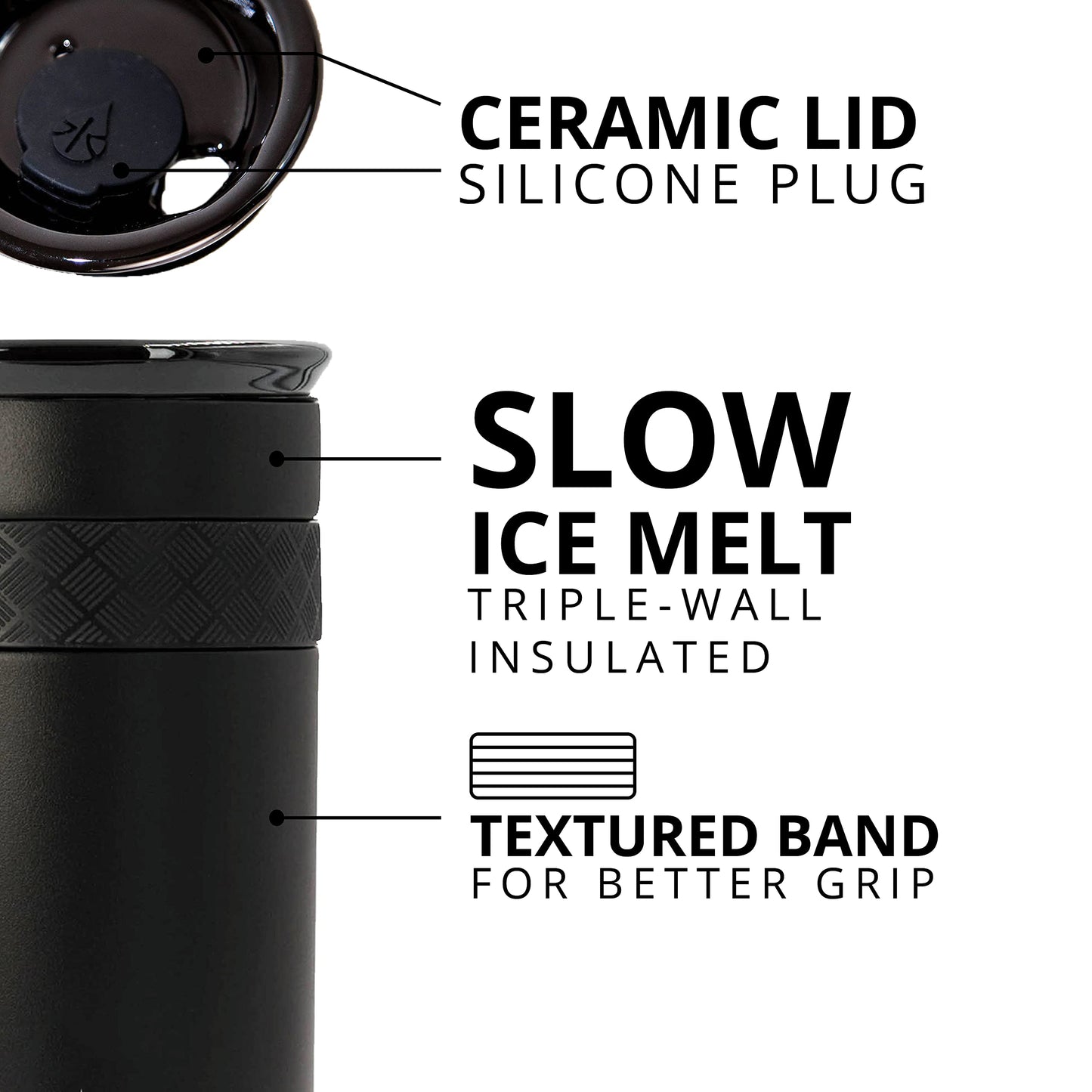 Elemental Artisan Insulated Tumbler, Triple Wall Coffee Travel Mug, Reusable Stainless Steel Coffee Tumbler with Ceramic Lid, Thermal Coffee Cups for Hot (6 Hrs) & Cold (18 Hrs), 12oz - Matte Black