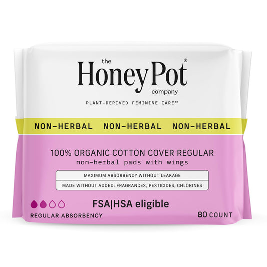 The Honey Pot Company - 80 ct - Pads for Women - Non-Herbal Regular Flow w/Wings - Organic Cotton Cover & Ultra-Absorbent Pulp Core - Sanitary Pads for Women - Feminine Care - FSA & HSA Eligible