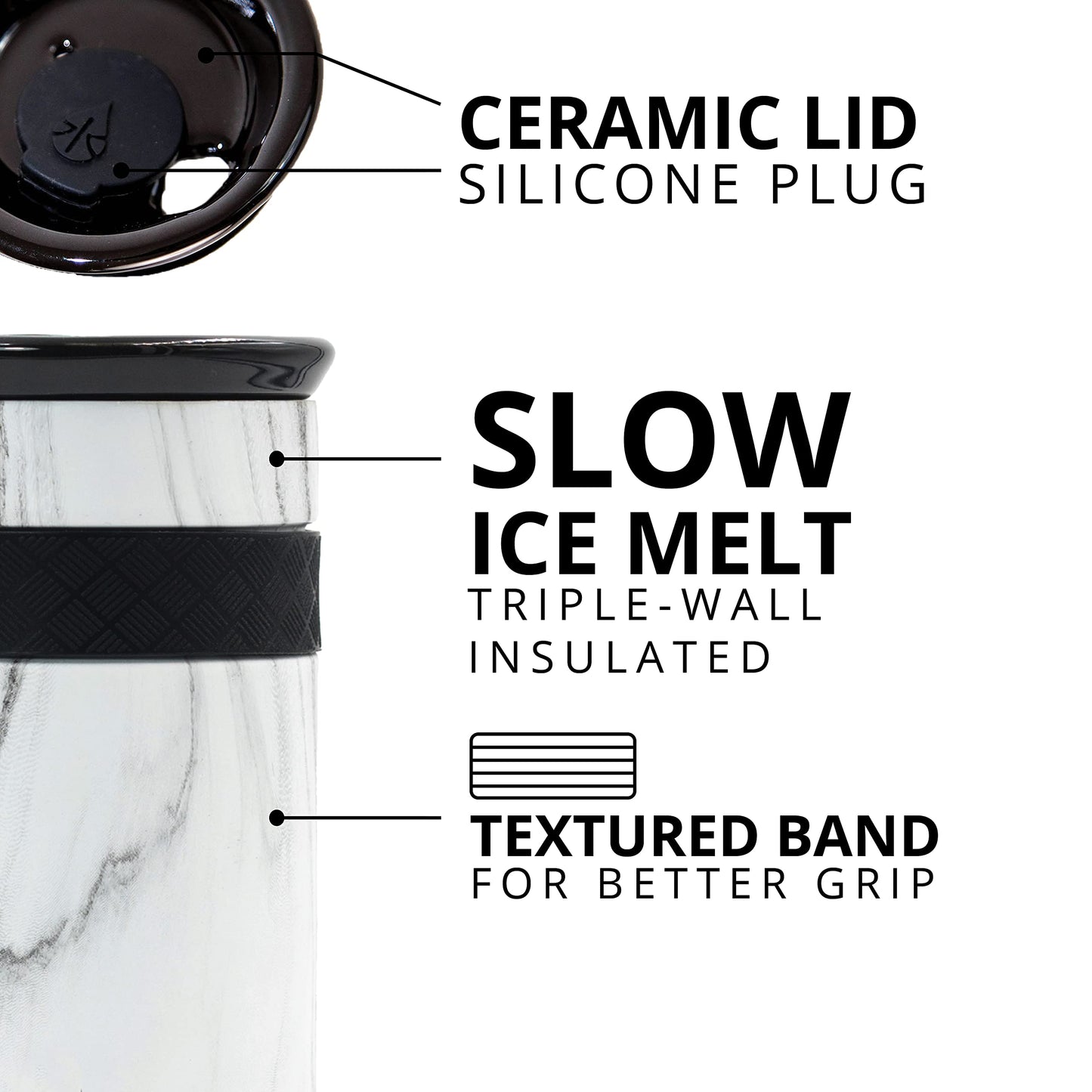 Elemental Artisan Insulated Tumbler, Triple Wall Coffee Travel Mug, Reusable Stainless Steel Coffee Tumbler with Ceramic Lid, Thermal Coffee Cups for Hot (6 Hrs) & Cold (18 Hrs), 12oz - White Marble