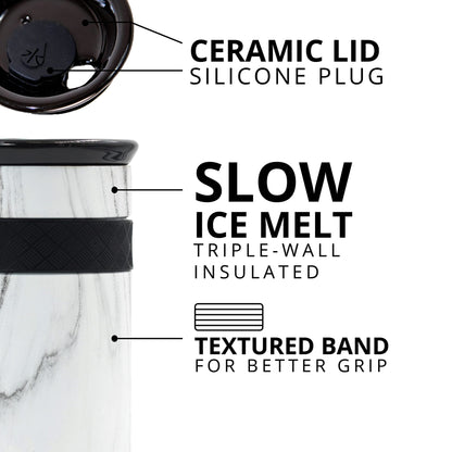 Elemental Artisan Insulated Tumbler, Triple Wall Coffee Travel Mug, Reusable Stainless Steel Coffee Tumbler with Ceramic Lid, Thermal Coffee Cups for Hot (6 Hrs) & Cold (18 Hrs), 12oz - White Marble