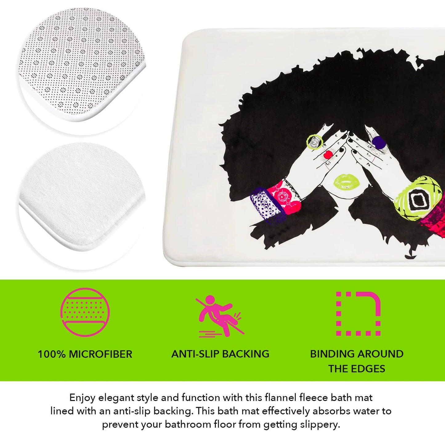 Pardon My Fro Shanell Bathroom Mat - Cushioned Soft Absorbent Bath Rugs with Printed Design - Washable Shower Mat Non Slip - Stylish Microfiber Bath Mat (White Bath Mat 30" X 20")