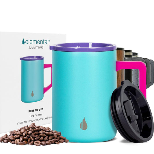 Elemental Insulated Coffee Mug - Triple-Wall Stainless Steel Summit Travel Cup for Hot and Cold Drinks - Thermal Coffee Mug with Lid and Handle for Camping, Office & Trave 16oz - Blue Tie Dye