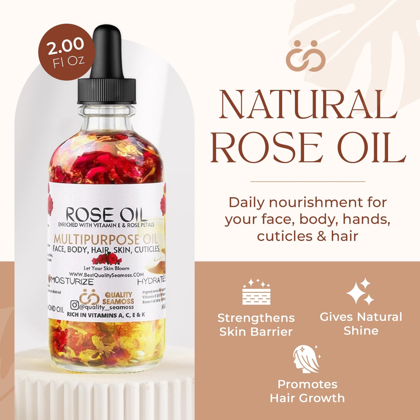 Multipurpose Rose Oil, Moisturizing Hair & Body Oil, Vitamin E Oil with Apricot, Sweet Almond & Bergamot Essential Oils for Skin, USA-Made Body & Face Oil for Dry Skin, Scalp & Nails, 2.2 oz