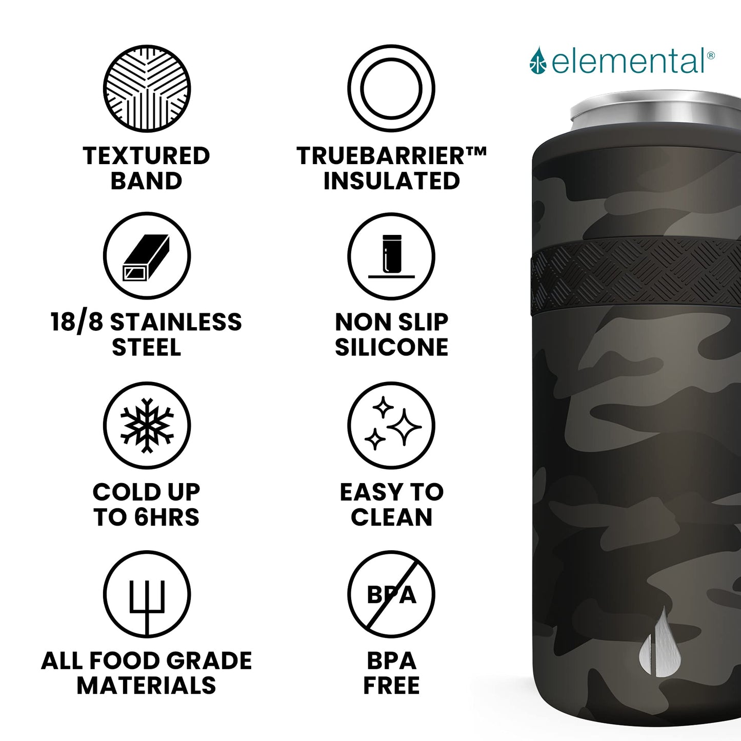 Elemental Insulated Slim Can Cooler, Triple Wall Stainless Steel Skinny Can Cooler - Drink Cooler Insulator for 12oz Skinny Seltzers, Beer, Soda Cans - Black Camo