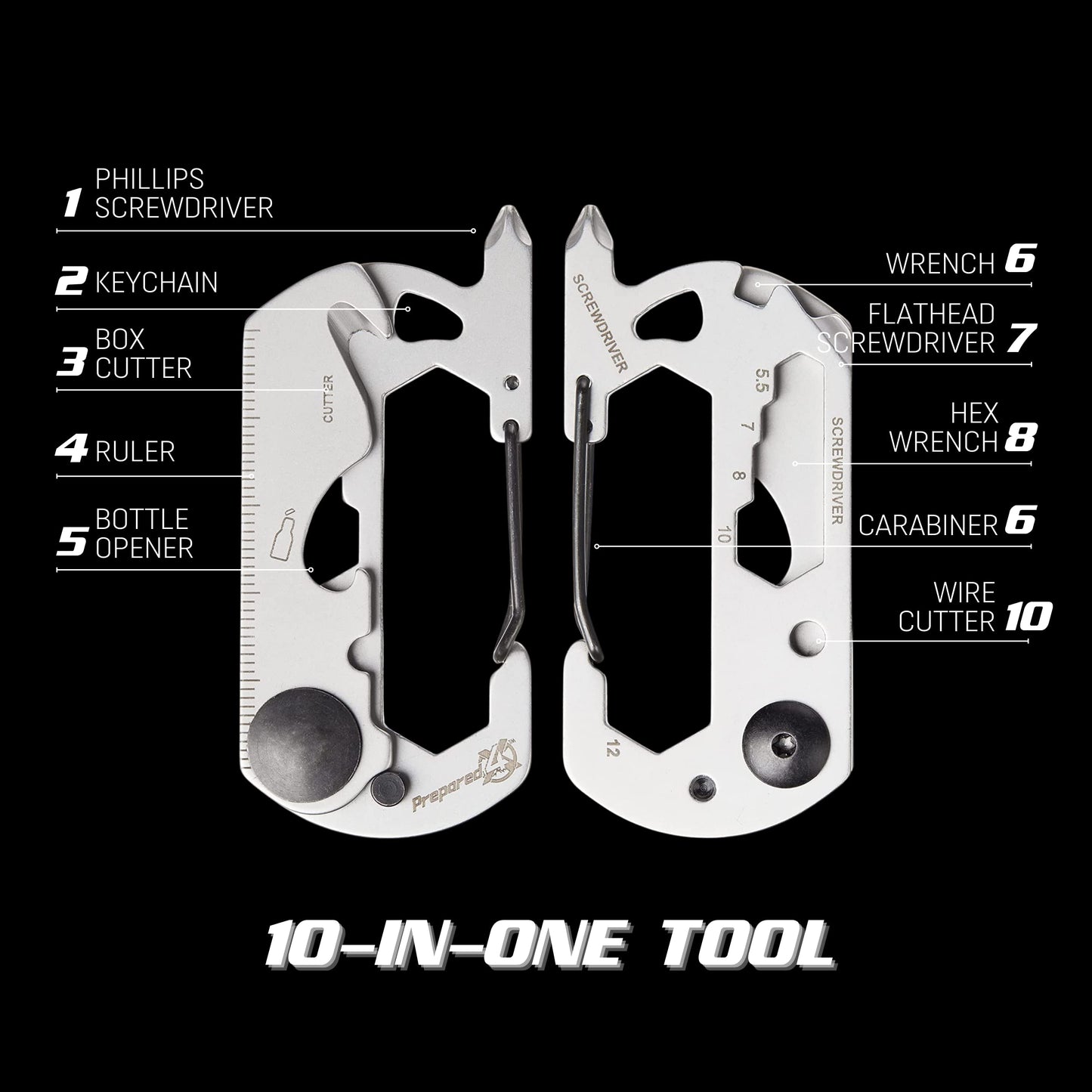 PREPARED4X Multitool Carabiner Keychain – 10-in-1 Stainless Steel EDC Tactical Survival Gear – Screwdriver, Ruler, Bottle Opener, Wrench, Box Cutter, Wire Cutter, and Bicycle Tools