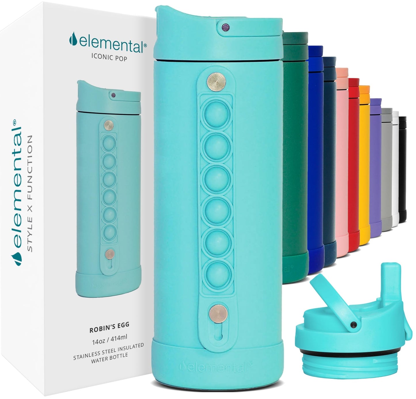 Elemental Iconic Kids Water Bottle with Straw Lid & Stress Relief Pop It Handle, Leak-Proof When Closed, Triple Insulated Kids Stainless Steel Water Bottle For Girls and Boys, 14oz - Robin’s Egg