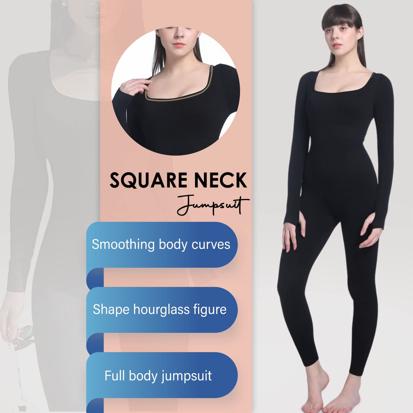Soo slick Jumpsuits for Women Tummy Control Long Sleeve Sculpting Full Bodysuit | Square Neck Ribbed One Piece Dupes