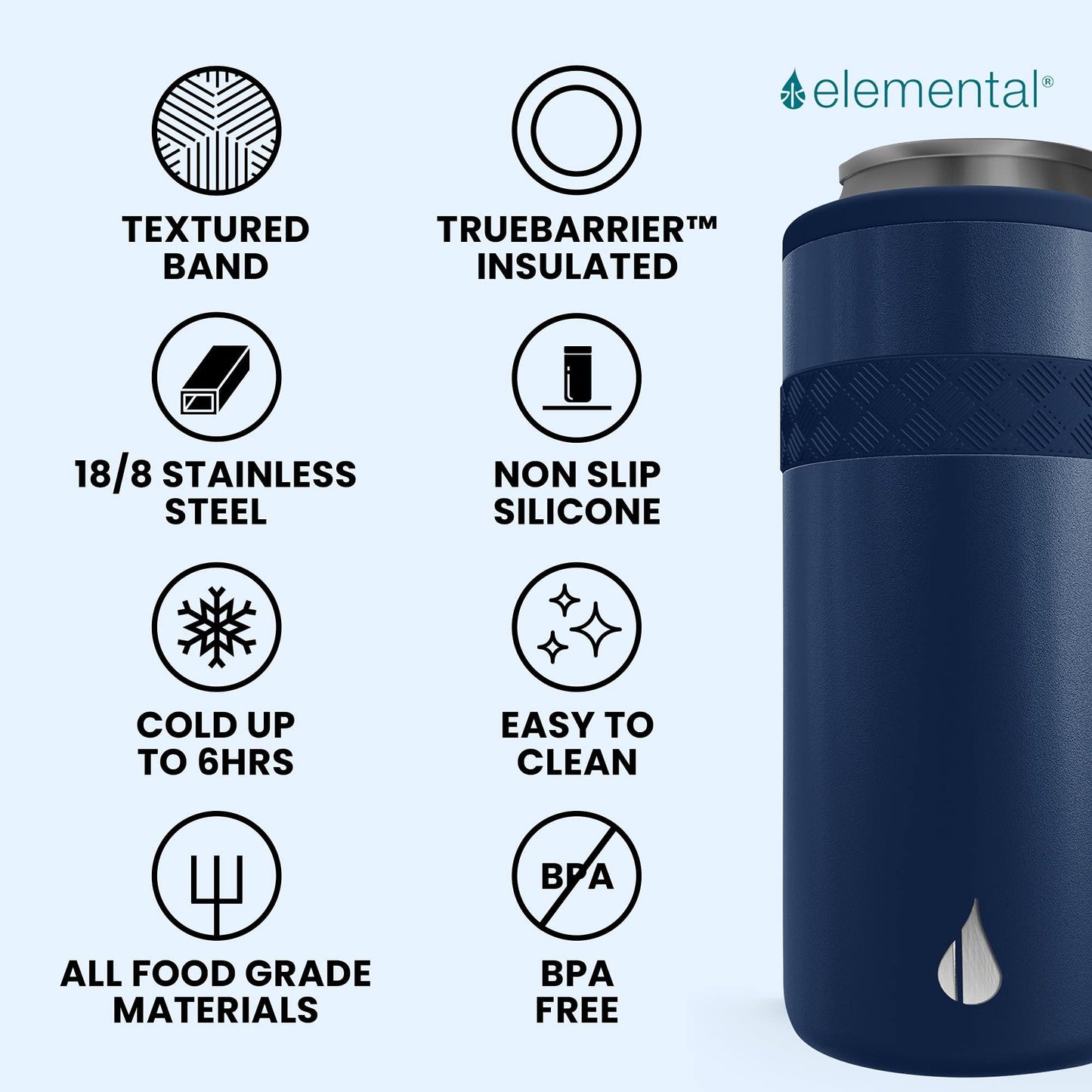 Elemental Insulated Slim Can Cooler, Triple Wall Stainless Steel Skinny Can Cooler - Drink Cooler Insulator for 12oz Skinny Seltzers, Beer, Soda Cans - Navy Blue